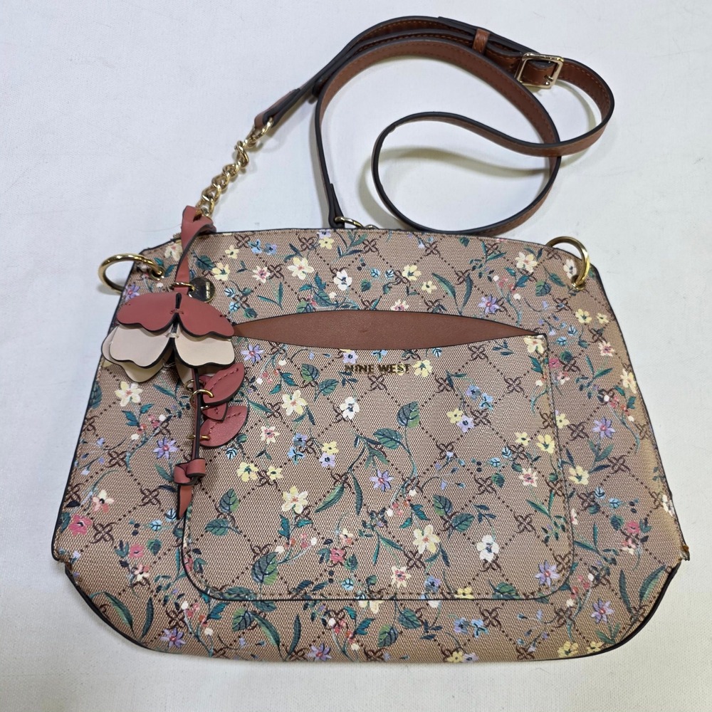 Nine West Crossbody Bag Womens Medium Tan Floral Monogram Logo Purse Charm Chic